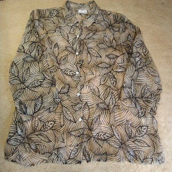 Alfred Dunner Women's Plus Sz 16 Sheer Button Down 3/4 Sleeve Leaf Print Top - Picture 1 of 6